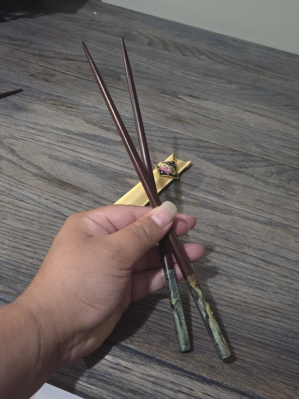 Korean Wooden Chopsticks Set Of 4 w/ Satin Sleeves - Gold & Orange